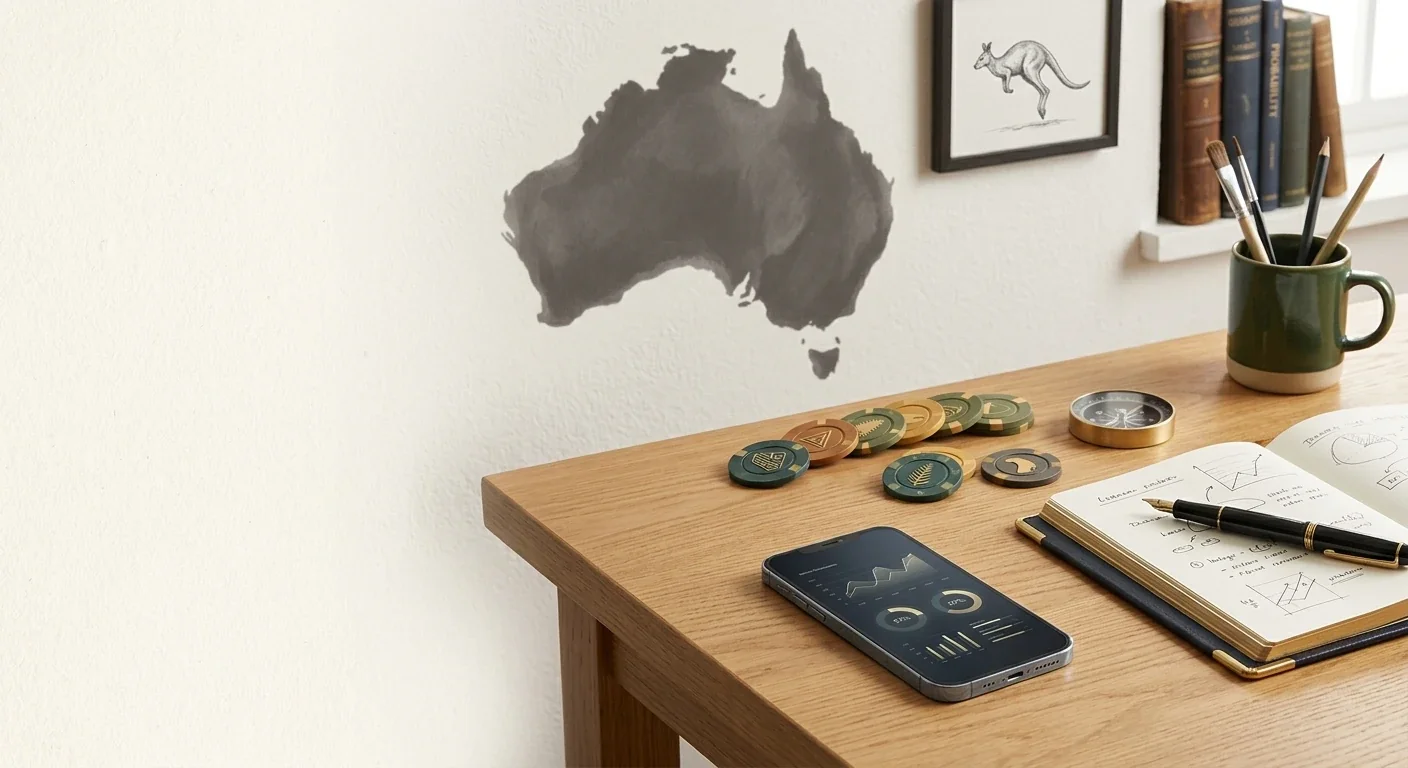 Editorial illustration of an Australian casino review workspace with AUD, mobile and gaming motifs